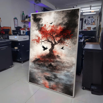 Mystical Red Maple Tree Canvas, Black Birds Flying Wall Art, Dark Nature Scene, Atmospheric wall decoration, canvas print, wall art