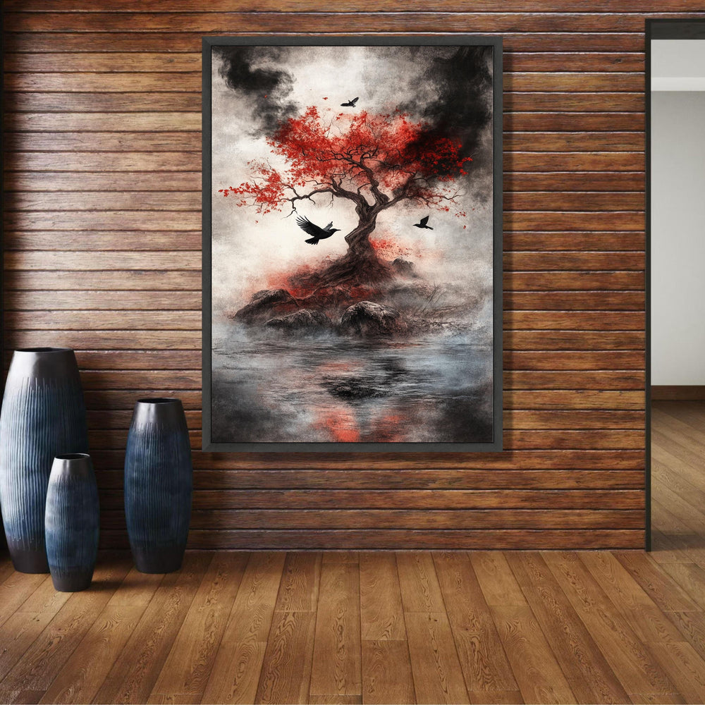 Mystical Red Maple Tree Canvas, Black Birds Flying Wall Art, Dark Nature Scene, Atmospheric wall decoration, canvas print, wall art