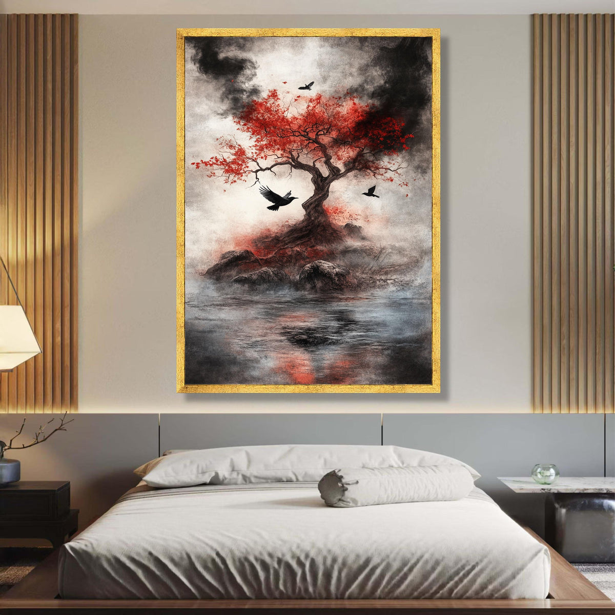Mystical Red Maple Tree Canvas, Black Birds Flying Wall Art, Dark Nature Scene, Atmospheric wall decoration, canvas print, wall art