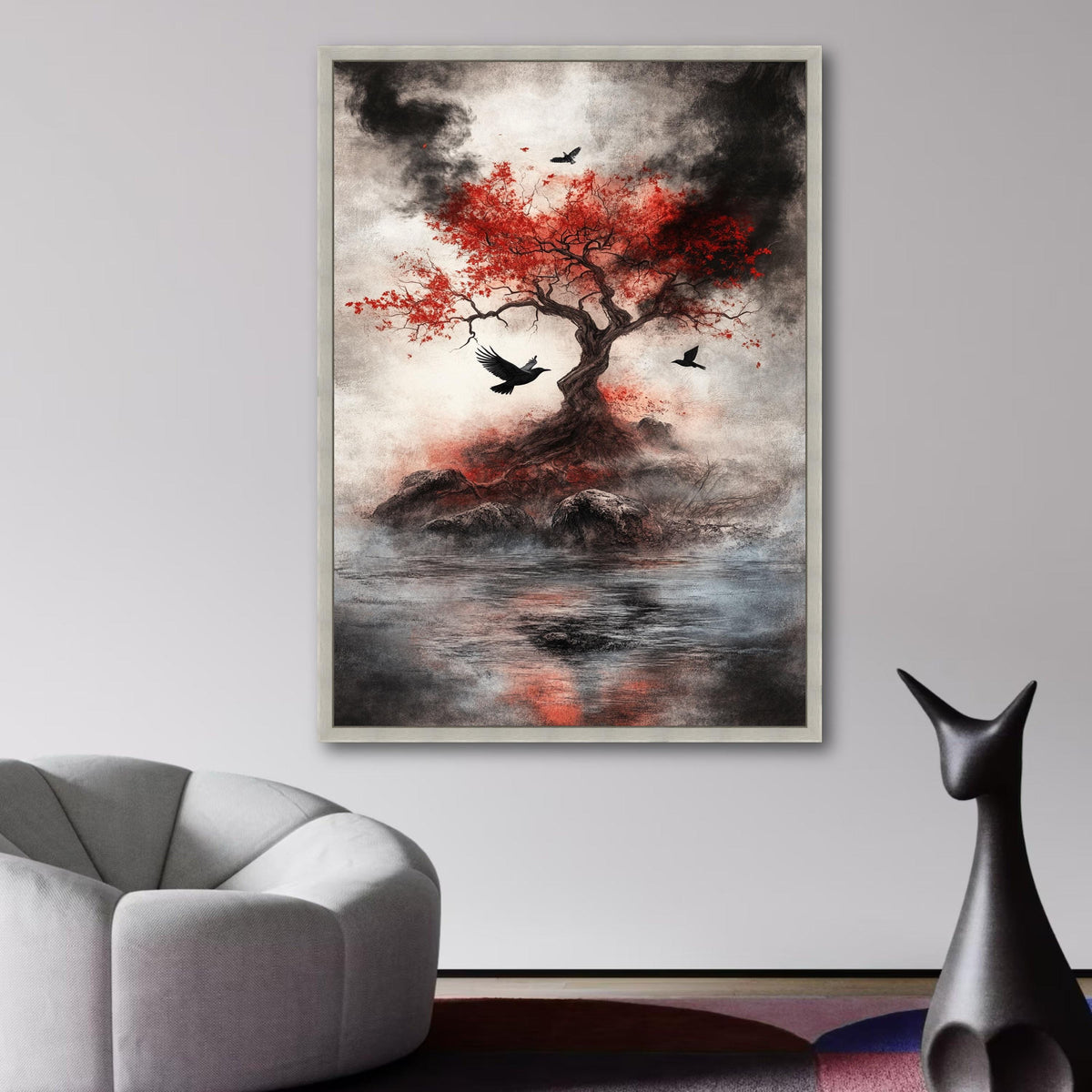 Mystical Red Maple Tree Canvas, Black Birds Flying Wall Art, Dark Nature Scene, Atmospheric wall decoration, canvas print, wall art