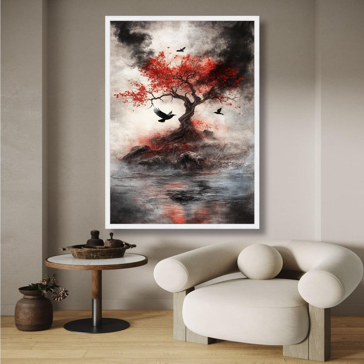 Mystical Red Maple Tree Canvas, Black Birds Flying Wall Art, Dark Nature Scene, Atmospheric wall decoration, canvas print, wall art