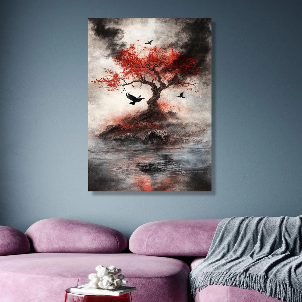 Mystical Red Maple Tree Canvas, Black Birds Flying Wall Art, Dark Nature Scene, Atmospheric wall decoration, canvas print, wall art