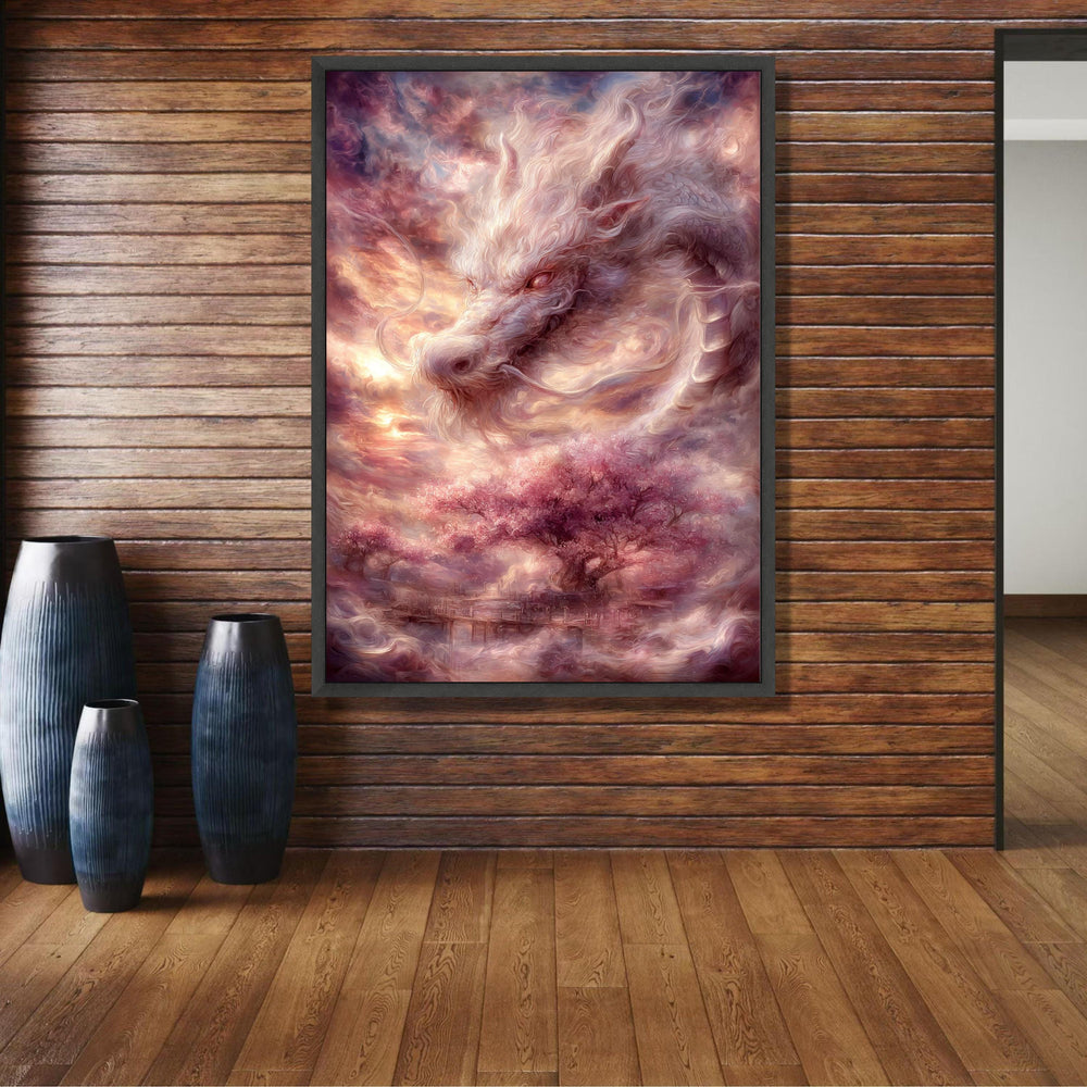 Mystical White Dragon Canvas, Fantasy Wall Art, Cherry Blossom Tree Scene, Ethereal Landscape wall decoration, canvas print, wall art