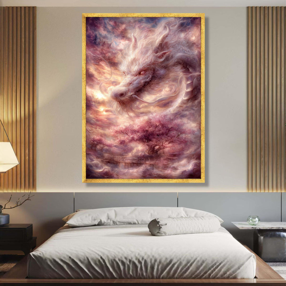 Mystical White Dragon Canvas, Fantasy Wall Art, Cherry Blossom Tree Scene, Ethereal Landscape wall decoration, canvas print, wall art