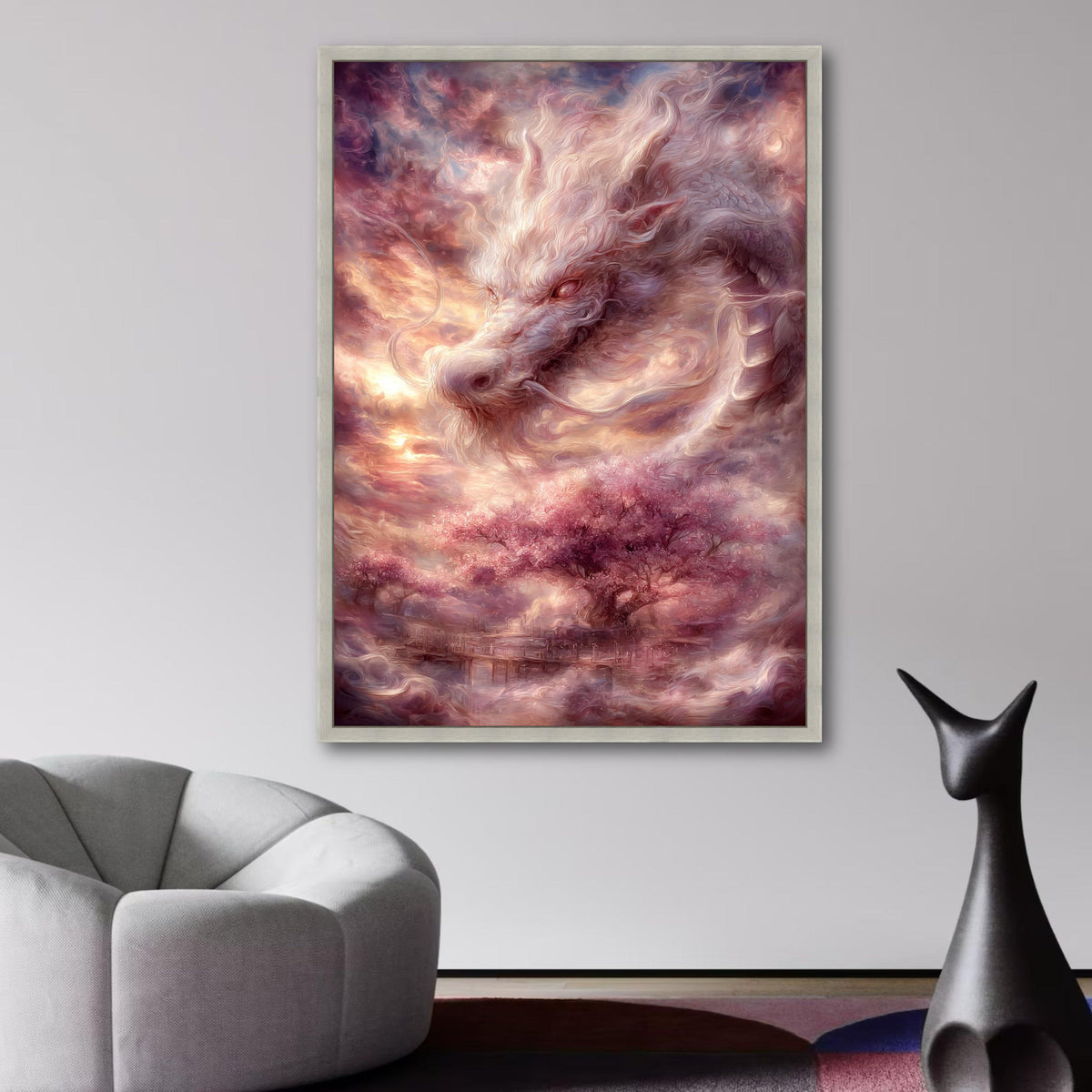 Mystical White Dragon Canvas, Fantasy Wall Art, Cherry Blossom Tree Scene, Ethereal Landscape wall decoration, canvas print, wall art