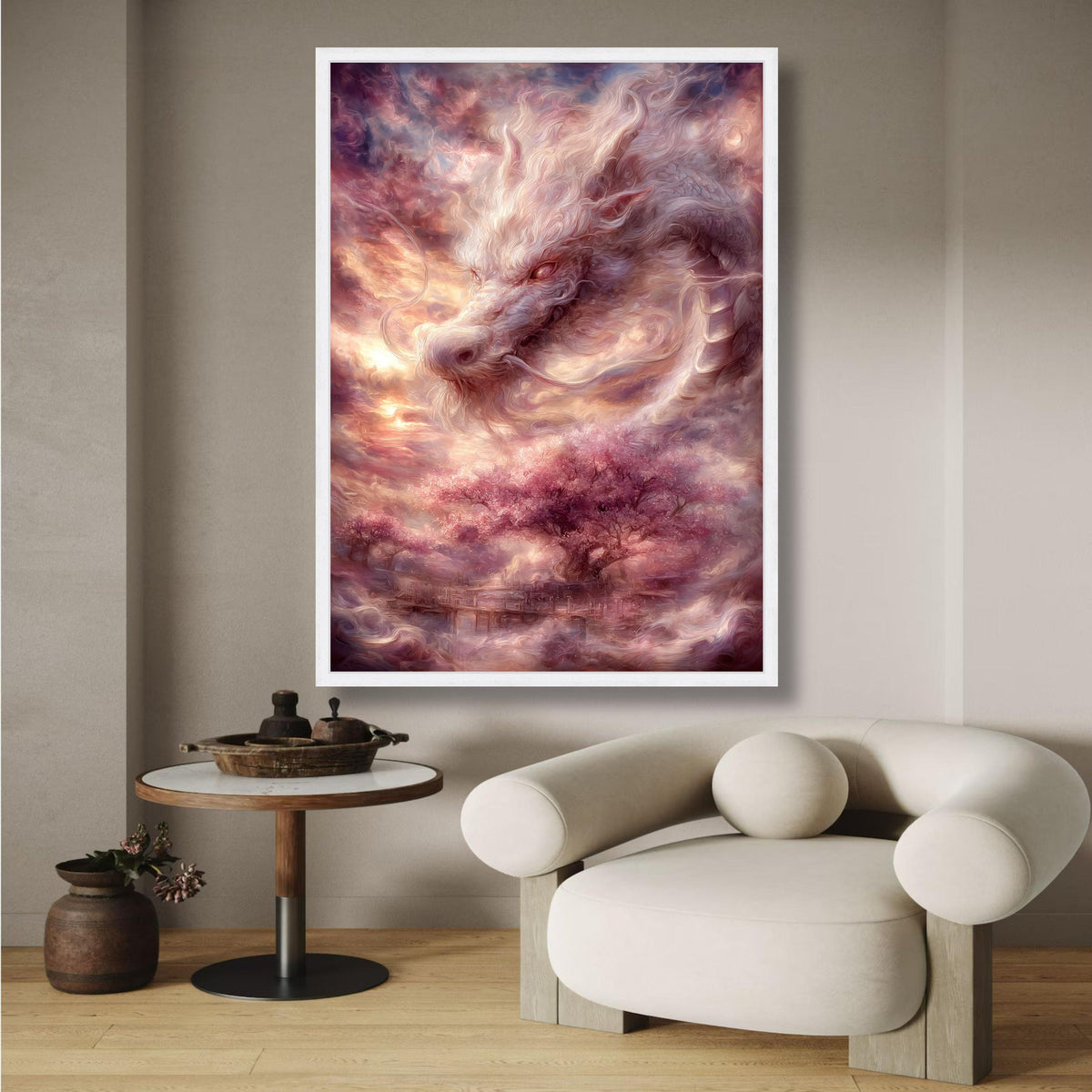 Mystical White Dragon Canvas, Fantasy Wall Art, Cherry Blossom Tree Scene, Ethereal Landscape wall decoration, canvas print, wall art
