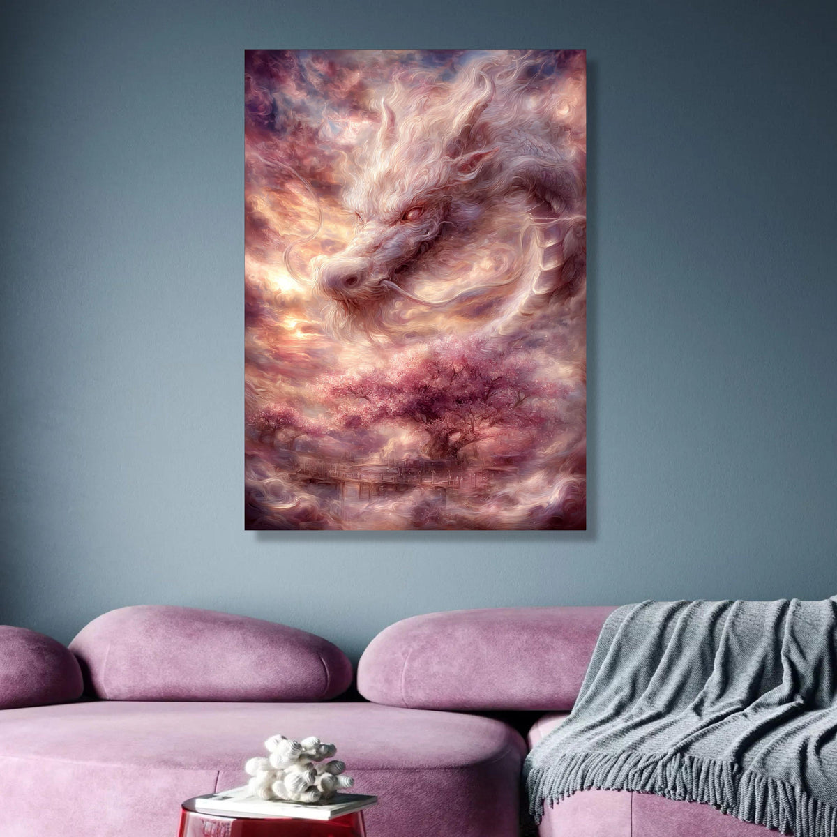 Mystical White Dragon Canvas, Fantasy Wall Art, Cherry Blossom Tree Scene, Ethereal Landscape wall decoration, canvas print, wall art