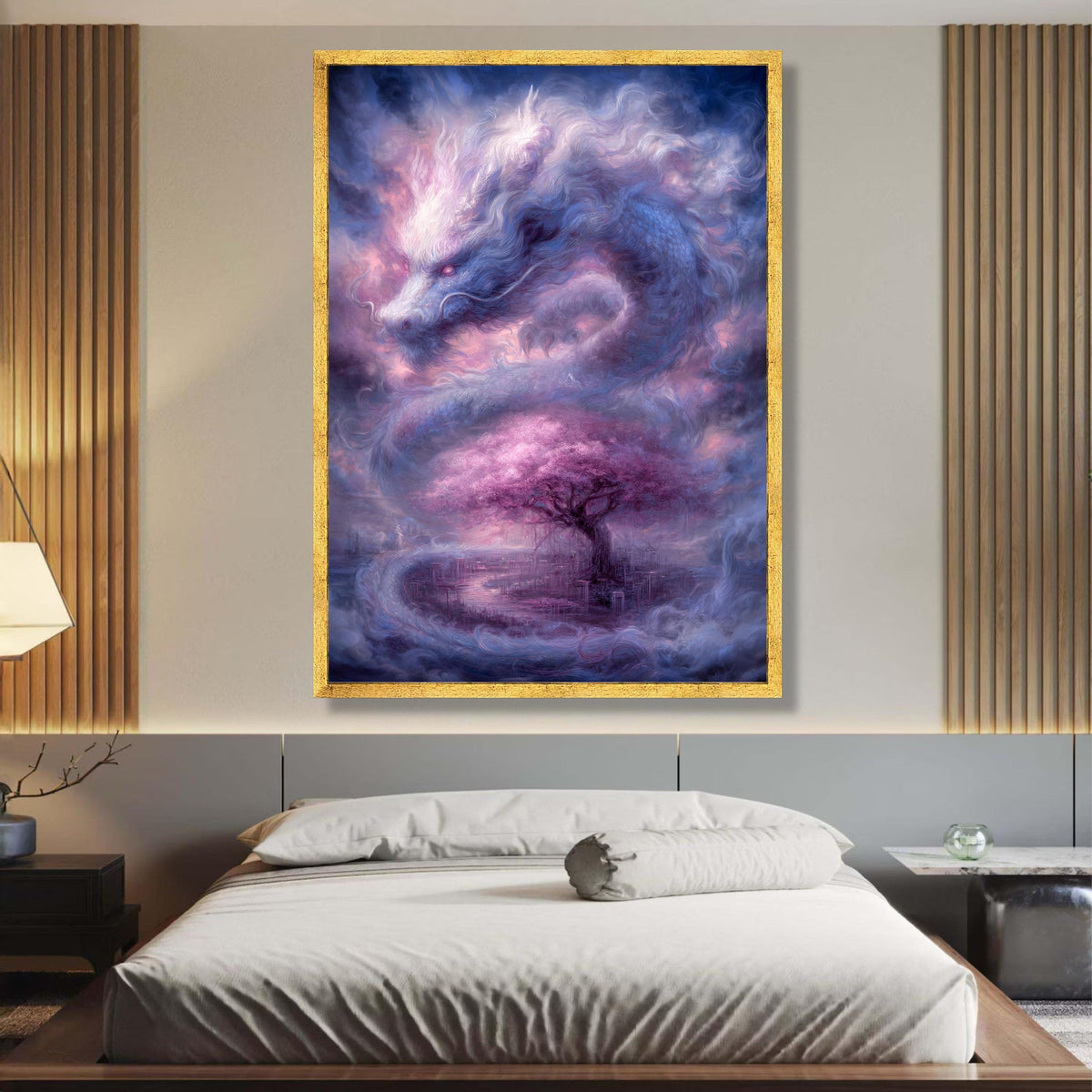 Mystical Dragon and Cherry Blossom Tree Canvas, Fantasy Wall Art, Ethereal Asian-Inspired Landscape, wall decoration, canvas print, wall art
