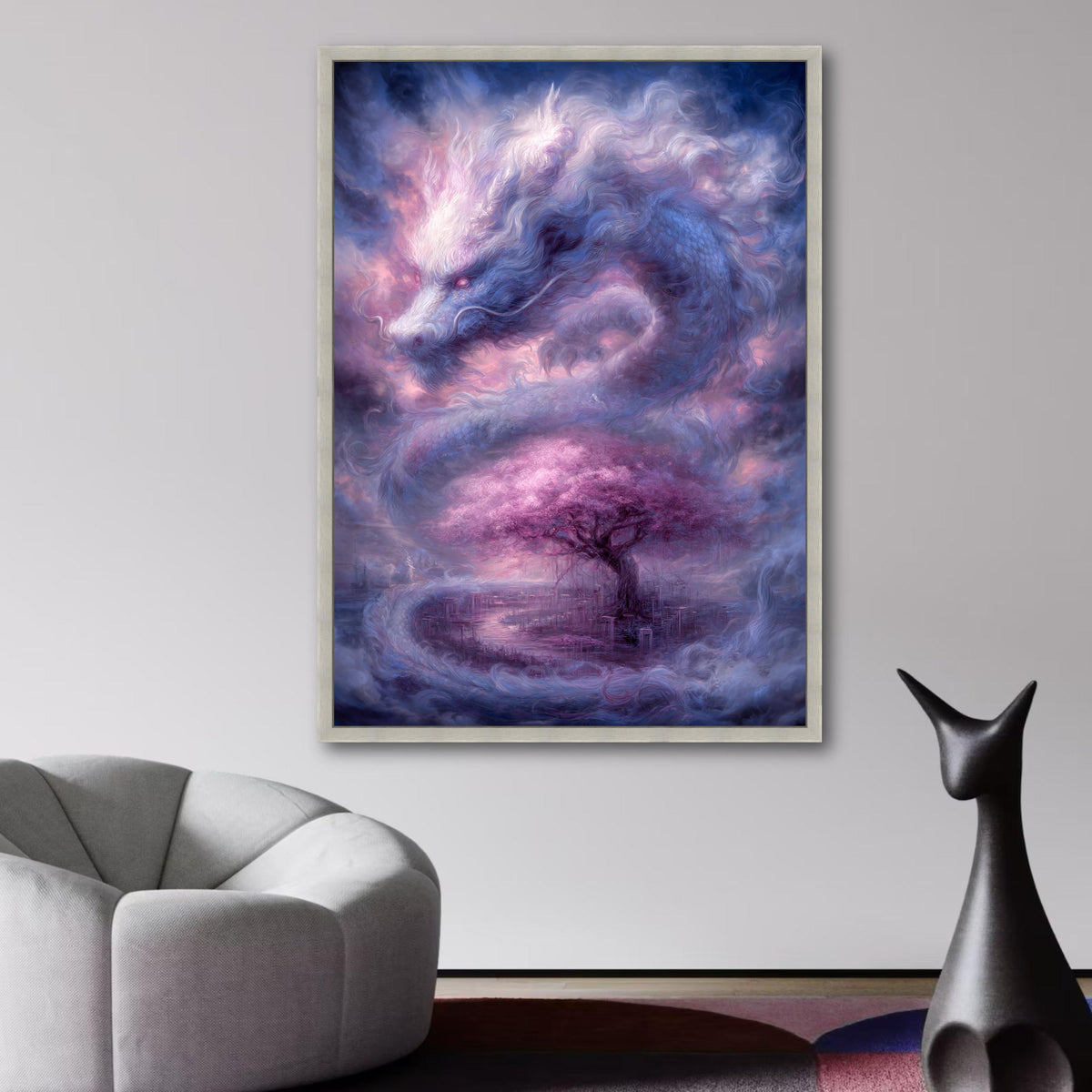 Mystical Dragon and Cherry Blossom Tree Canvas, Fantasy Wall Art, Ethereal Asian-Inspired Landscape, wall decoration, canvas print, wall art