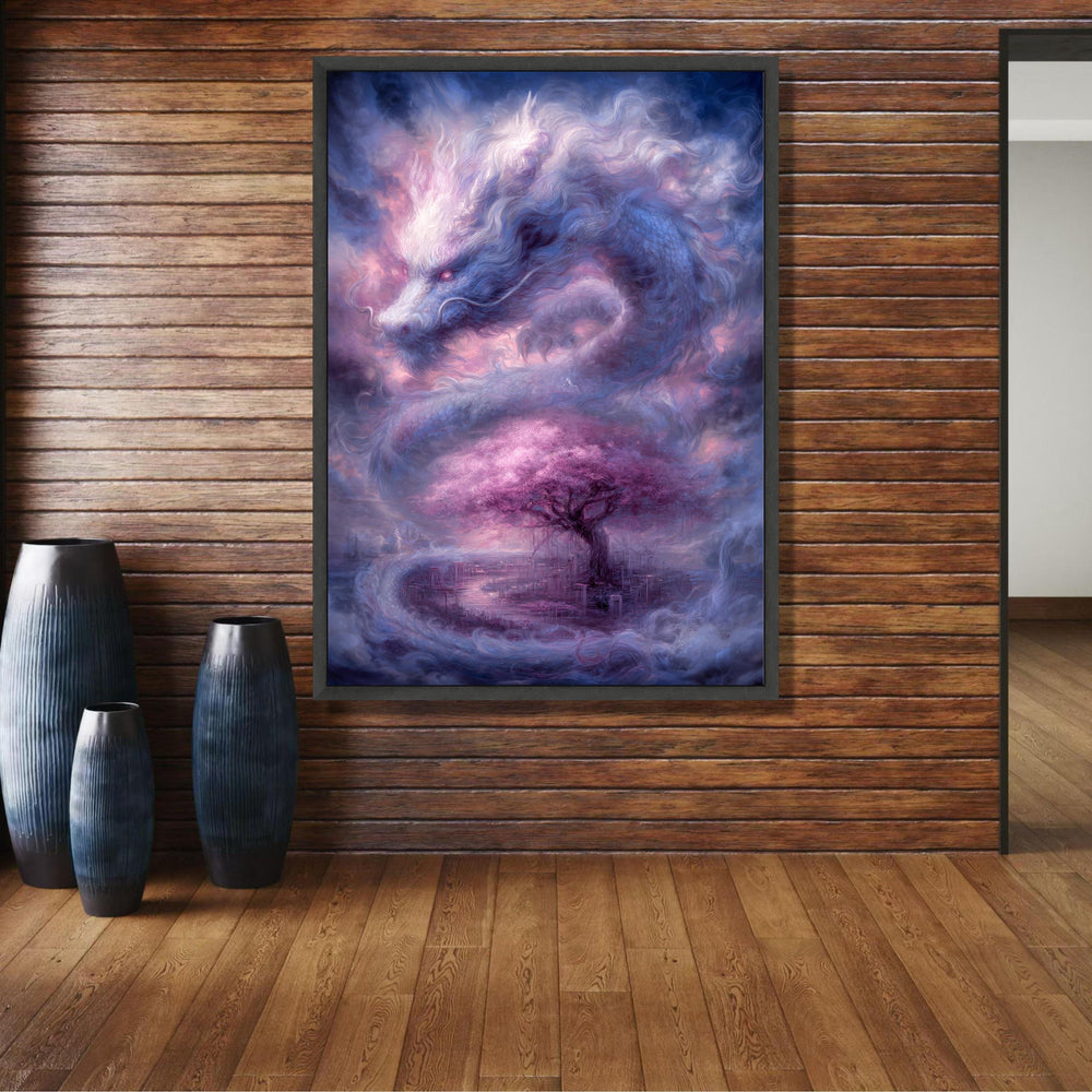 Mystical Dragon and Cherry Blossom Tree Canvas, Fantasy Wall Art, Ethereal Asian-Inspired Landscape, wall decoration, canvas print, wall art