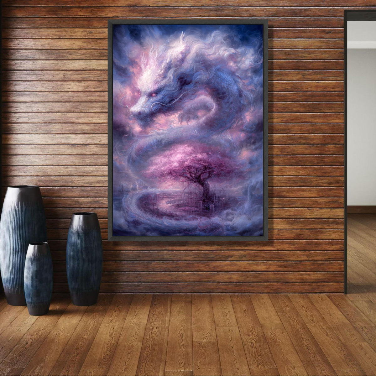 Mystical Dragon and Cherry Blossom Tree Canvas, Fantasy Wall Art, Ethereal Asian-Inspired Landscape, wall decoration, canvas print, wall art