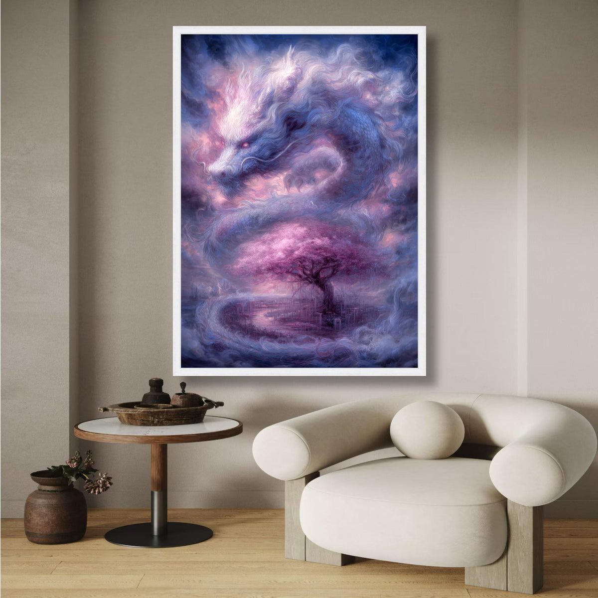 Mystical Dragon and Cherry Blossom Tree Canvas, Fantasy Wall Art, Ethereal Asian-Inspired Landscape, wall decoration, canvas print, wall art