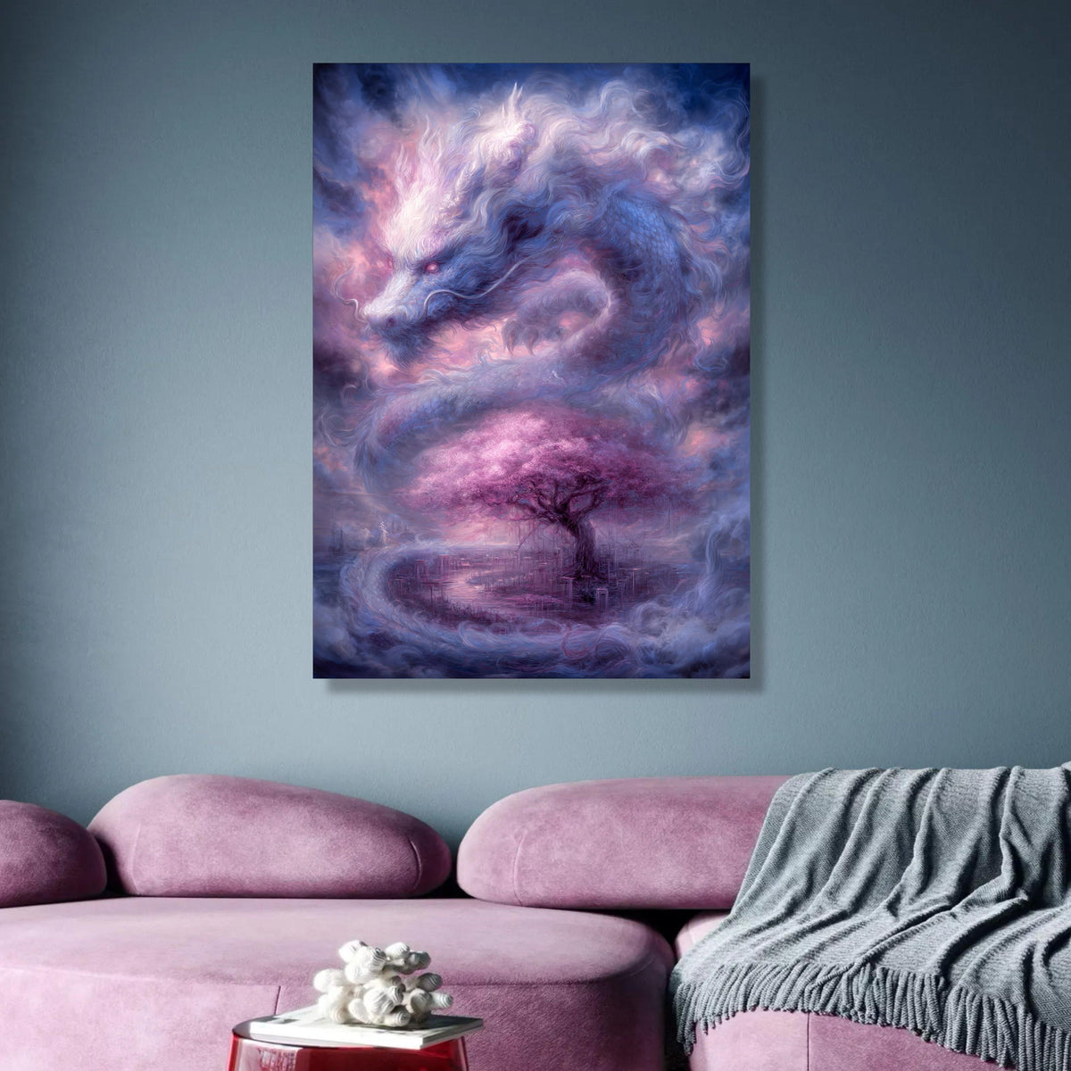 Mystical Dragon and Cherry Blossom Tree Canvas, Fantasy Wall Art, Ethereal Asian-Inspired Landscape, wall decoration, canvas print, wall art
