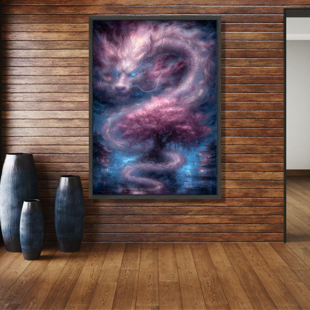 Mystical Dragon and Cherry Blossom Tree Canvas, Fantasy Asian Landscape Wall Art, Ethereal Spirit wall decoration, canvas print, wall art