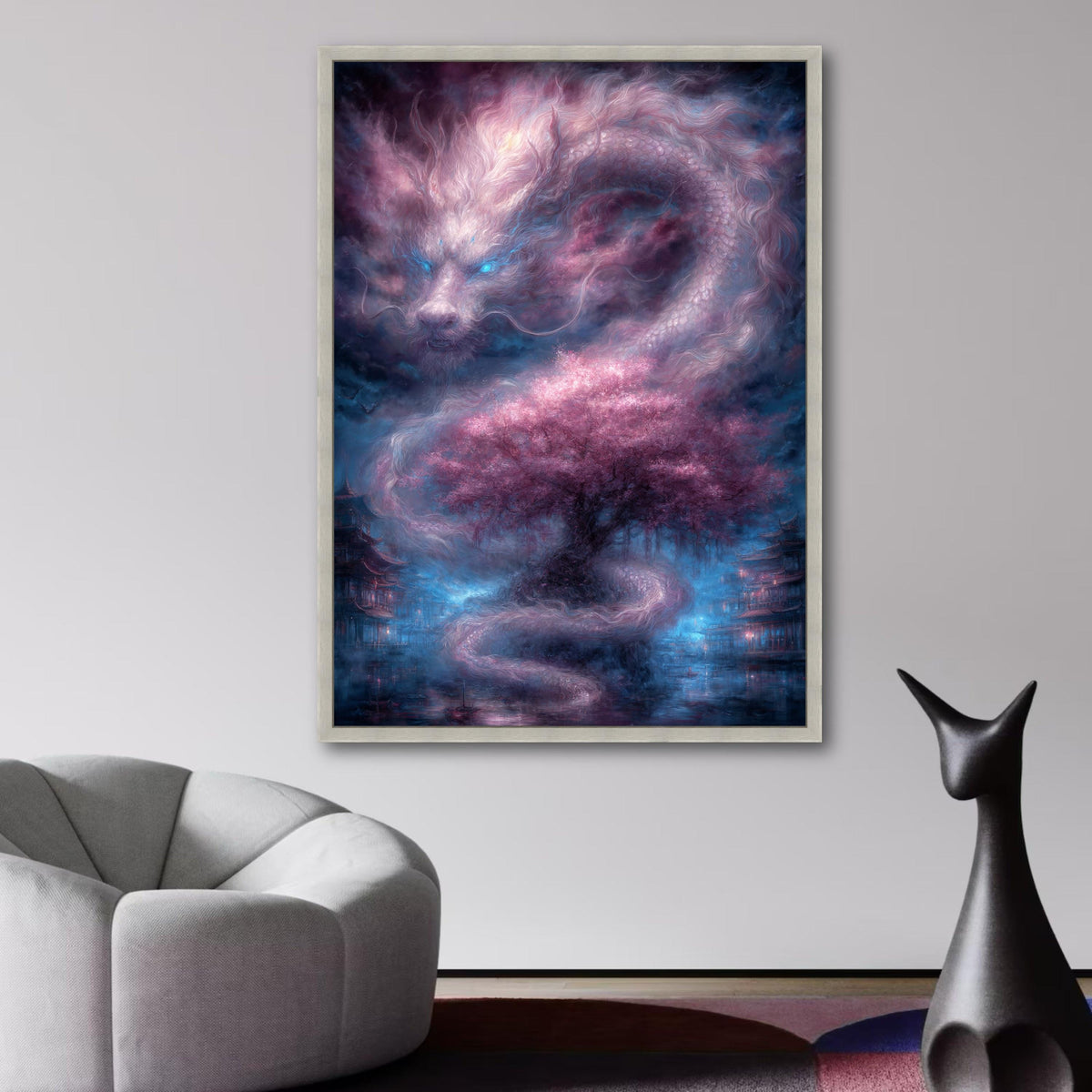 Mystical Dragon and Cherry Blossom Tree Canvas, Fantasy Asian Landscape Wall Art, Ethereal Spirit wall decoration, canvas print, wall art