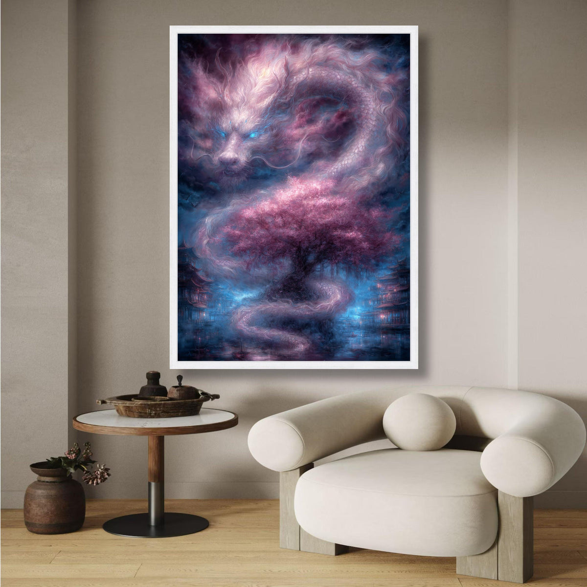 Mystical Dragon and Cherry Blossom Tree Canvas, Fantasy Asian Landscape Wall Art, Ethereal Spirit wall decoration, canvas print, wall art