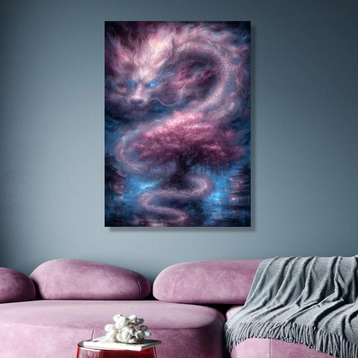 Mystical Dragon and Cherry Blossom Tree Canvas, Fantasy Asian Landscape Wall Art, Ethereal Spirit wall decoration, canvas print, wall art