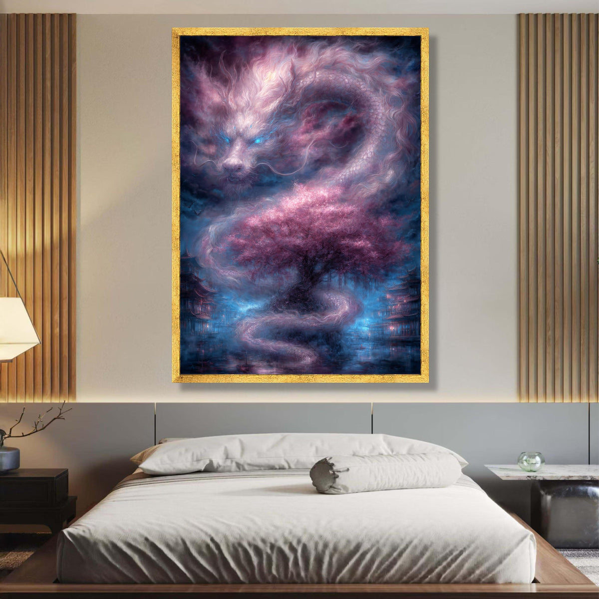 Mystical Dragon and Cherry Blossom Tree Canvas, Fantasy Asian Landscape Wall Art, Ethereal Spirit wall decoration, canvas print, wall art