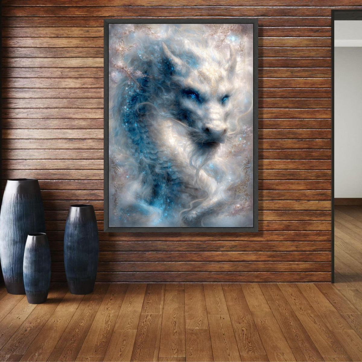 Mystical White Dragon Canvas Wall Art, Fantasy Creature Painting, Blue and Silver Glowing Dragon, wall decoration, canvas print, wall art