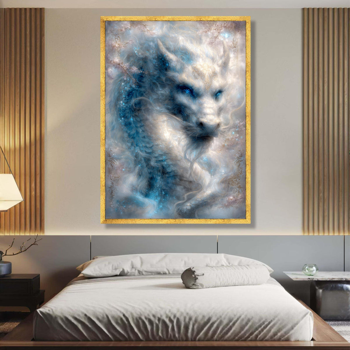 Mystical White Dragon Canvas Wall Art, Fantasy Creature Painting, Blue and Silver Glowing Dragon, wall decoration, canvas print, wall art