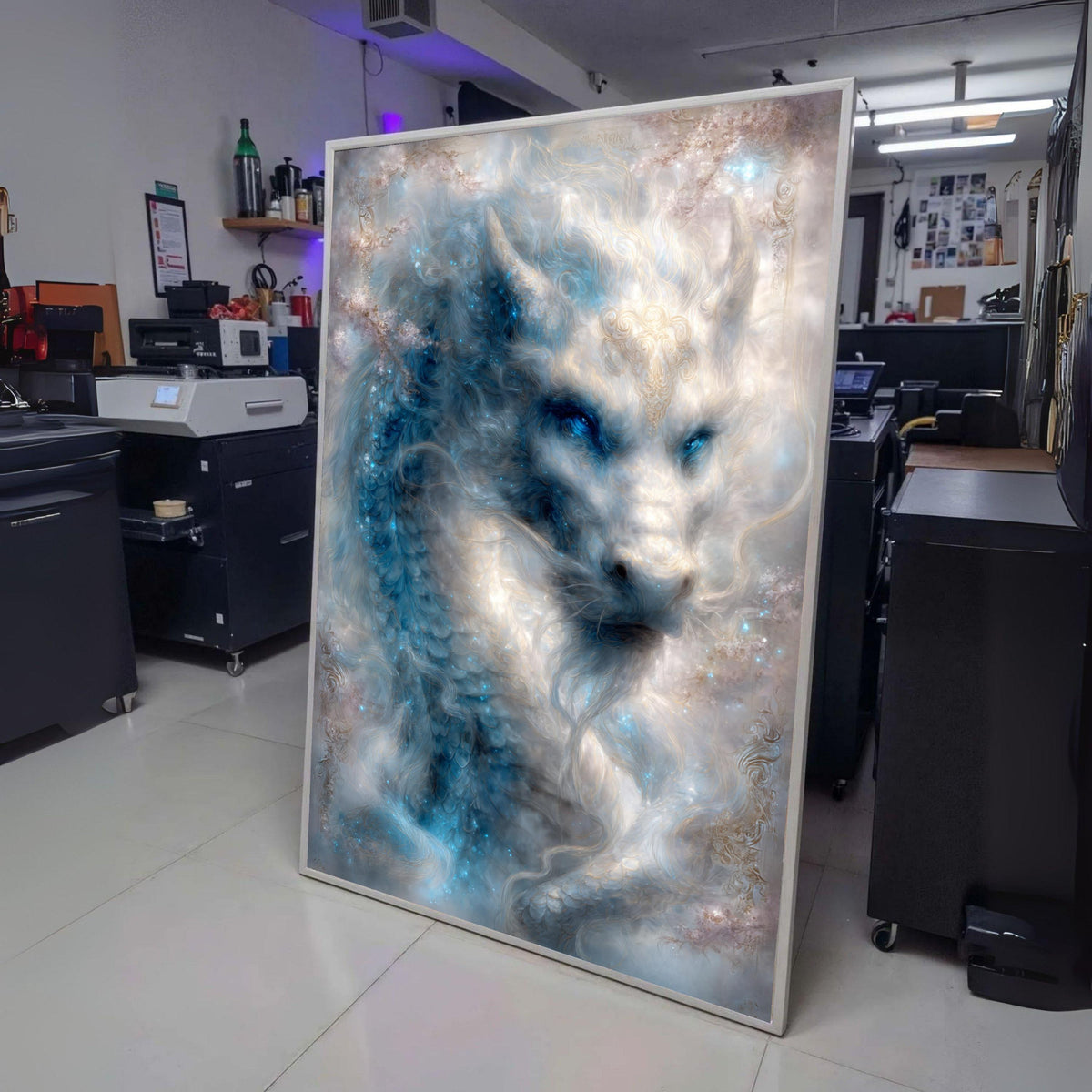 Mystical White Dragon Canvas Wall Art, Fantasy Creature Painting, Blue and Silver Glowing Dragon, wall decoration, canvas print, wall art