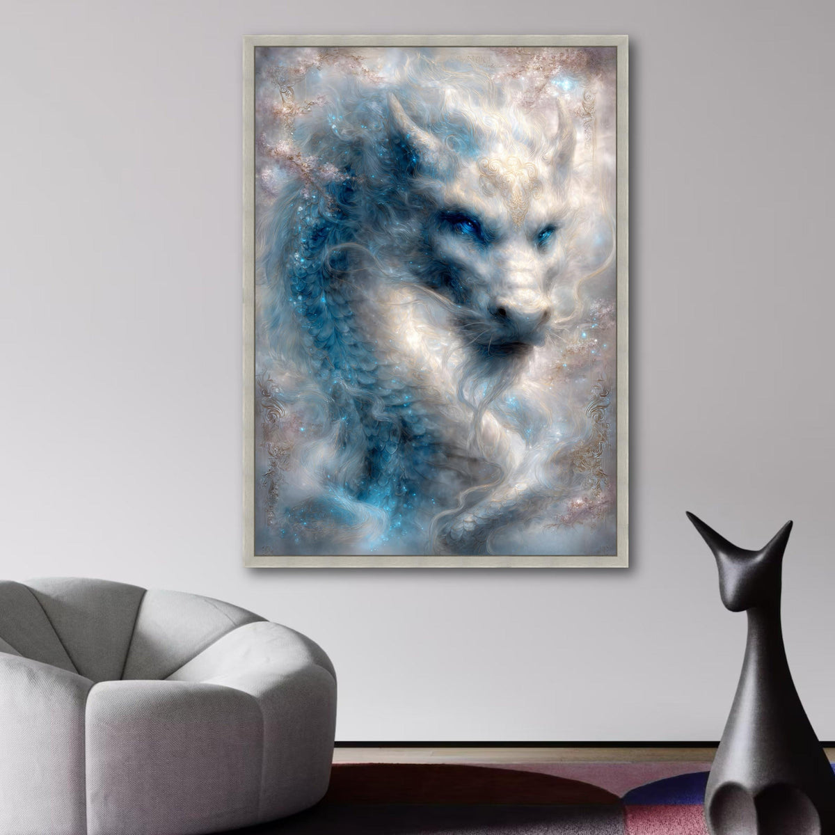 Mystical White Dragon Canvas Wall Art, Fantasy Creature Painting, Blue and Silver Glowing Dragon, wall decoration, canvas print, wall art
