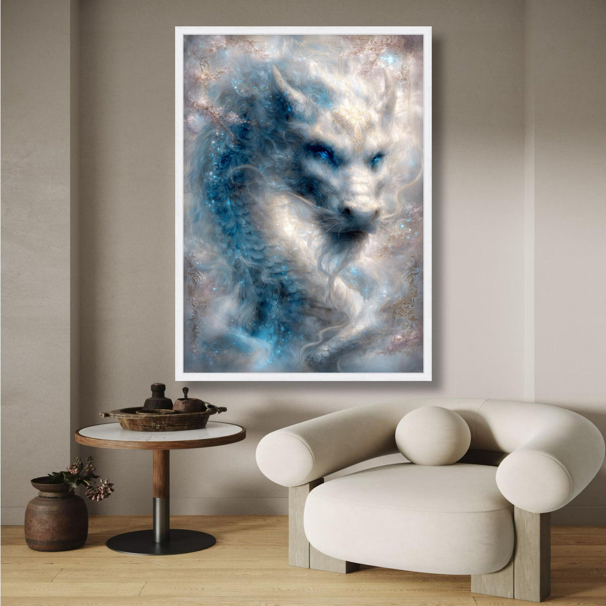 Mystical White Dragon Canvas Wall Art, Fantasy Creature Painting, Blue and Silver Glowing Dragon, wall decoration, canvas print, wall art