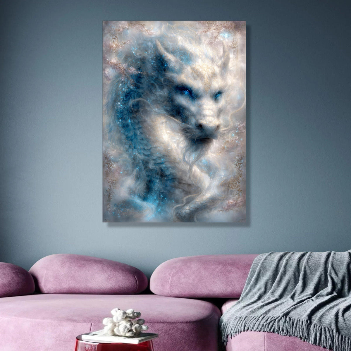 Mystical White Dragon Canvas Wall Art, Fantasy Creature Painting, Blue and Silver Glowing Dragon, wall decoration, canvas print, wall art