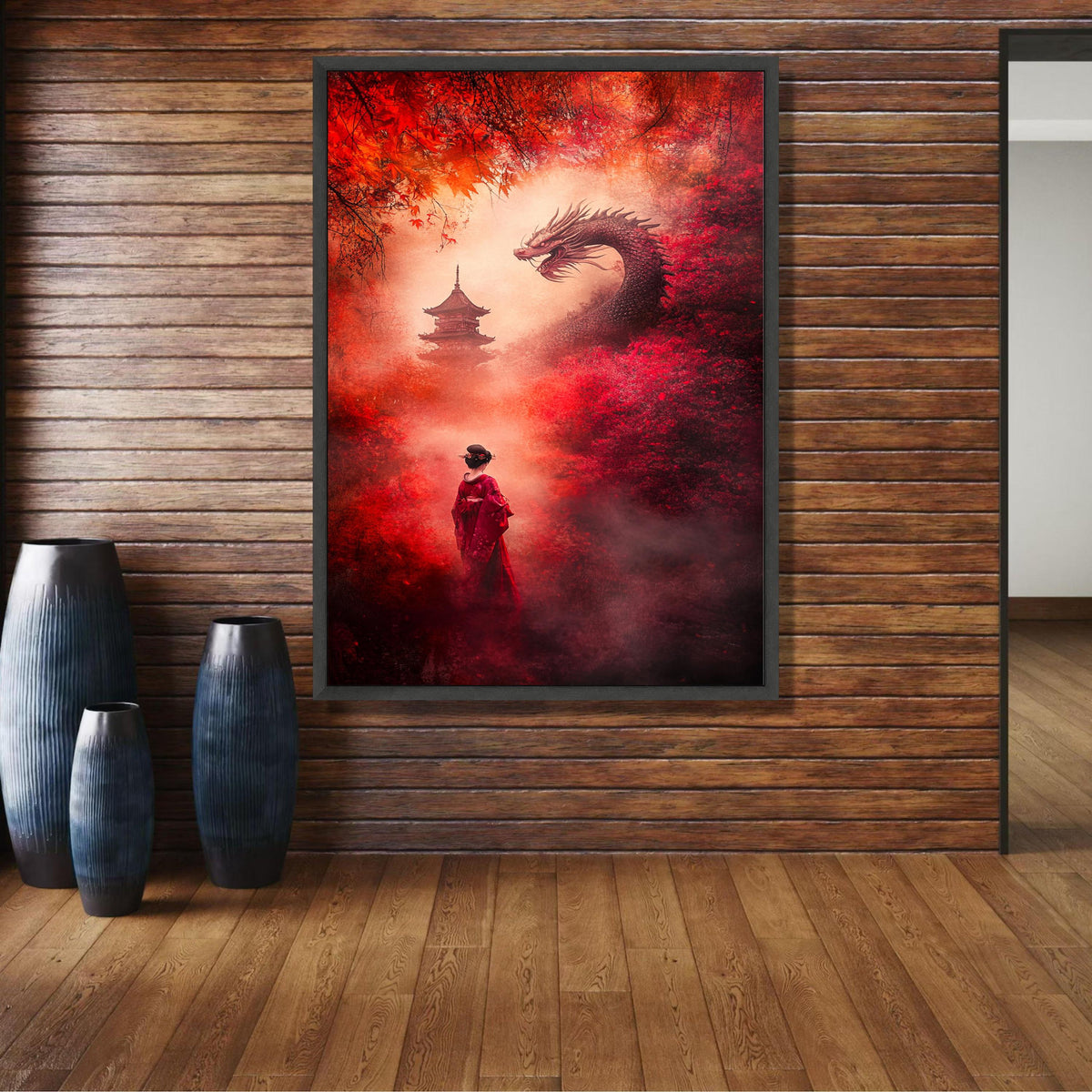 Mystical Japanese Dragon and Geisha Canvas, Red Autumn Forest Wall Art, Asian Pagoda Landscape, wall decoration, canvas print, wall art