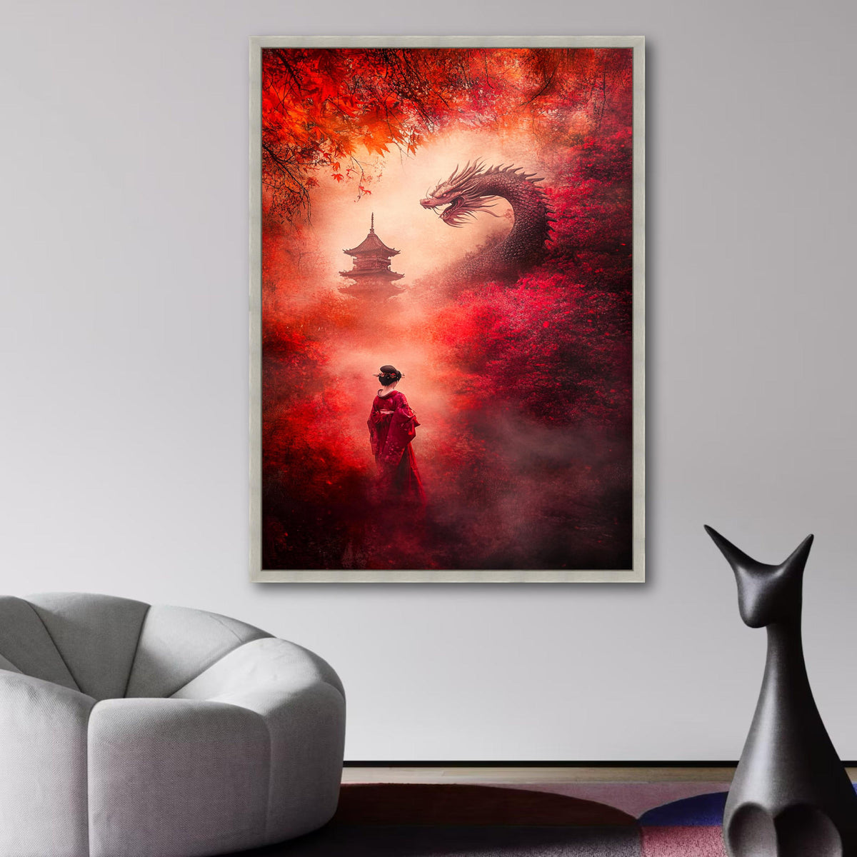 Mystical Japanese Dragon and Geisha Canvas, Red Autumn Forest Wall Art, Asian Pagoda Landscape, wall decoration, canvas print, wall art