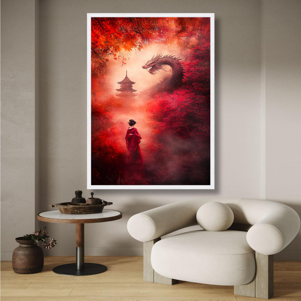 Mystical Japanese Dragon and Geisha Canvas, Red Autumn Forest Wall Art, Asian Pagoda Landscape, wall decoration, canvas print, wall art