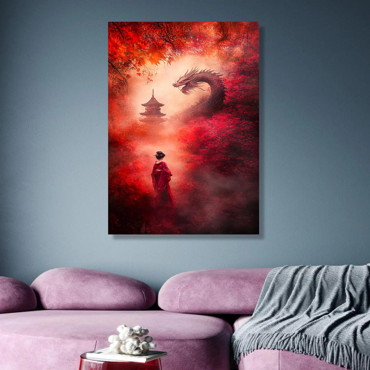 Mystical Japanese Dragon and Geisha Canvas, Red Autumn Forest Wall Art, Asian Pagoda Landscape, wall decoration, canvas print, wall art