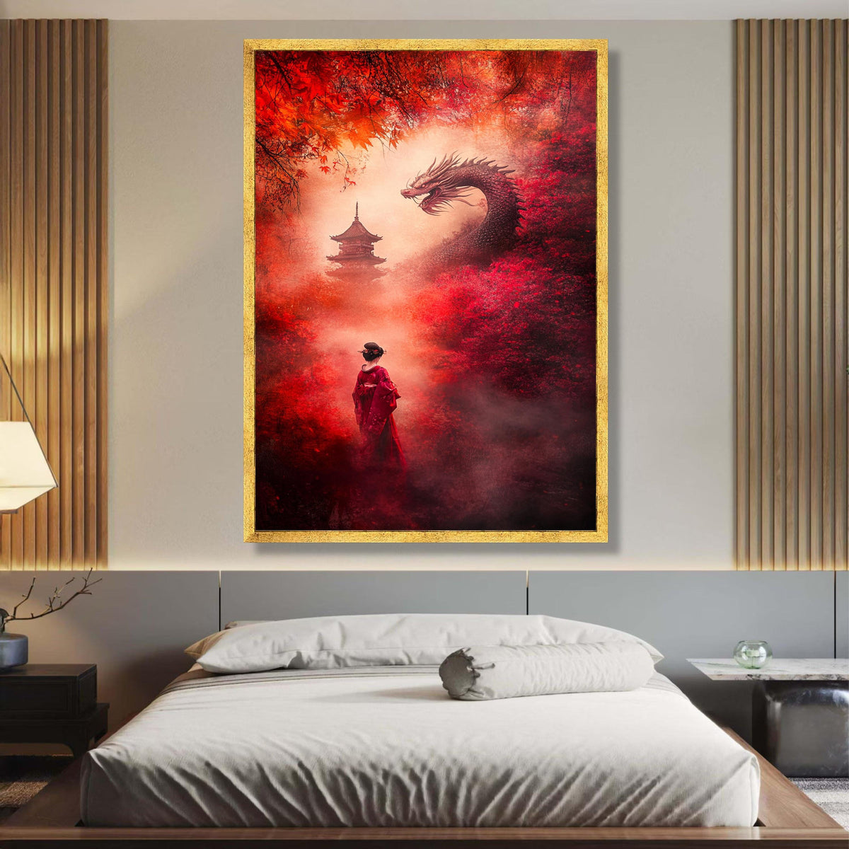 Mystical Japanese Dragon and Geisha Canvas, Red Autumn Forest Wall Art, Asian Pagoda Landscape, wall decoration, canvas print, wall art