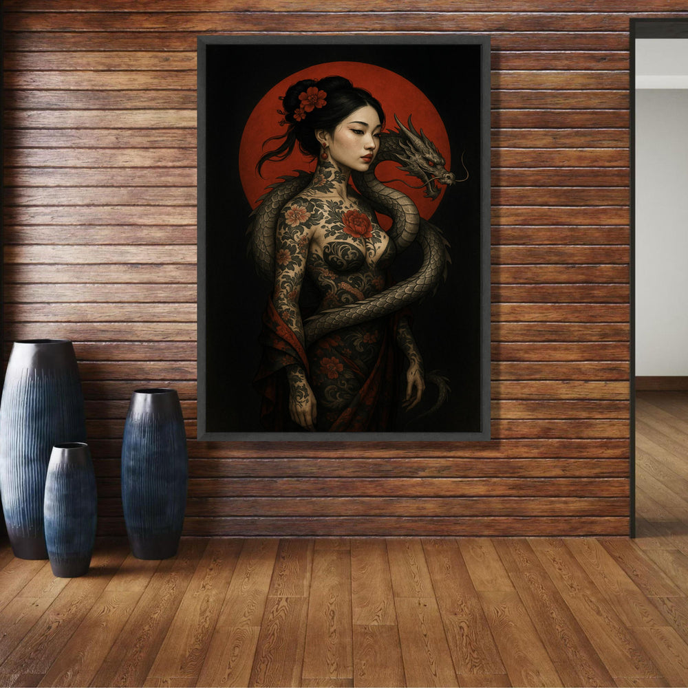 Elegant Asian Woman with Dragon, Tattoo Art Canvas, Floral Body Art Wall Decor, Red Moon Background, wall decoration, canvas print, wall art