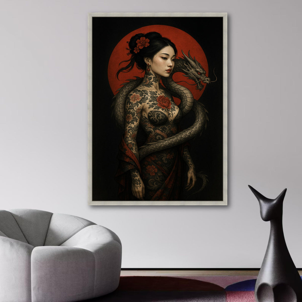 Elegant Asian Woman with Dragon, Tattoo Art Canvas, Floral Body Art Wall Decor, Red Moon Background, wall decoration, canvas print, wall art