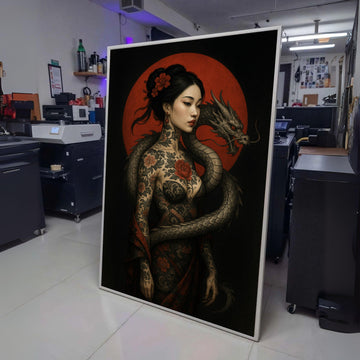 Elegant Asian Woman with Dragon, Tattoo Art Canvas, Floral Body Art Wall Decor, Red Moon Background, wall decoration, canvas print, wall art