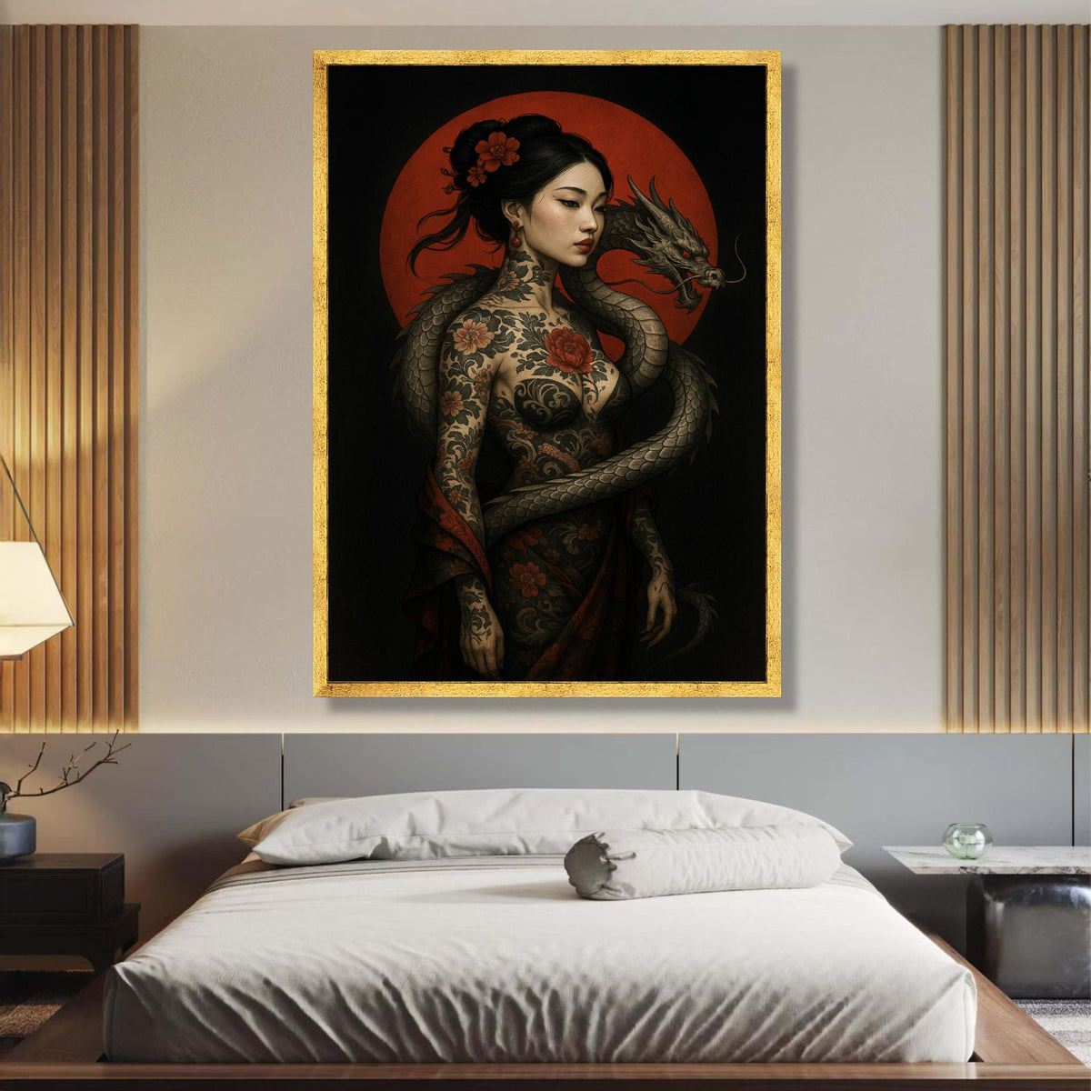 Elegant Asian Woman with Dragon, Tattoo Art Canvas, Floral Body Art Wall Decor, Red Moon Background, wall decoration, canvas print, wall art