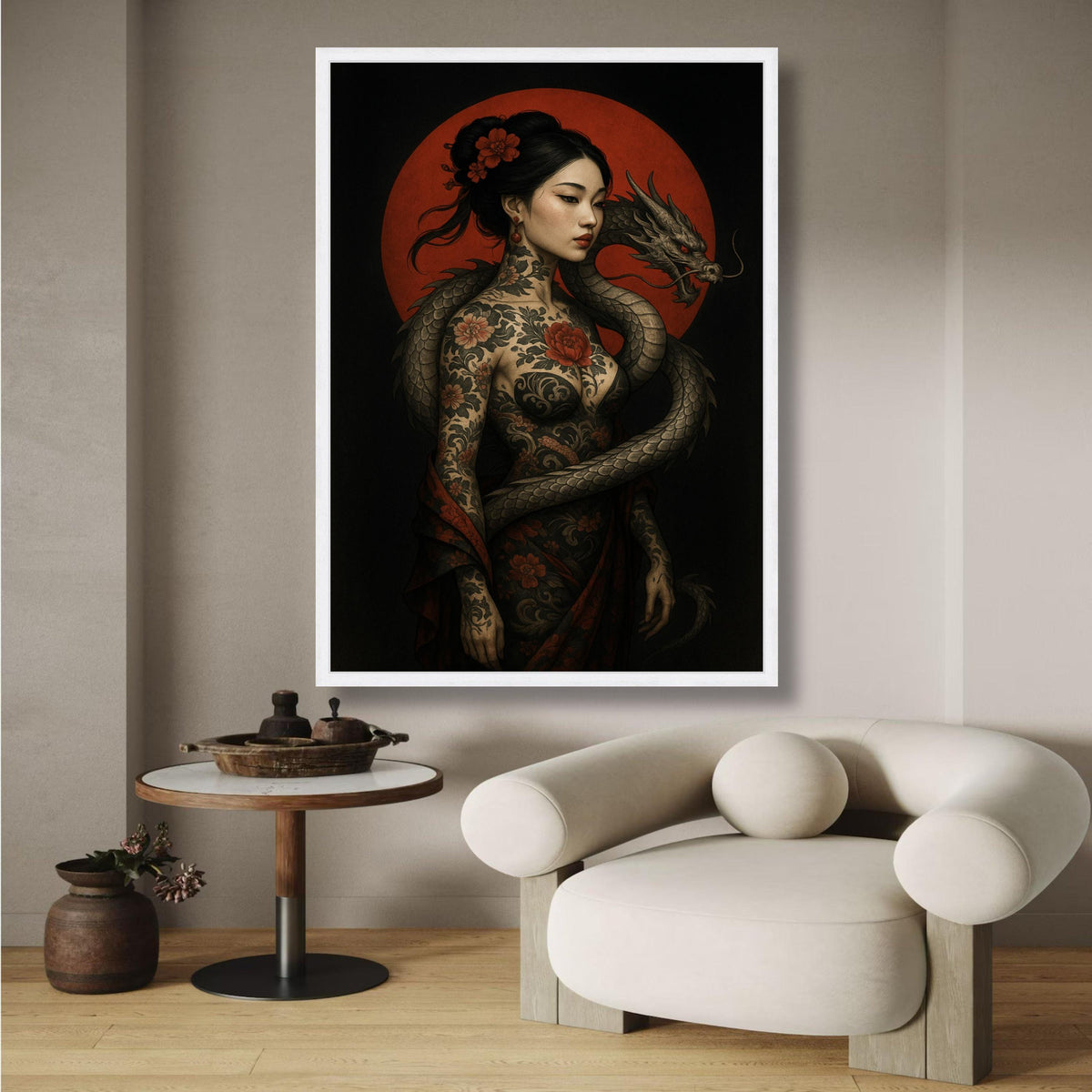 Elegant Asian Woman with Dragon, Tattoo Art Canvas, Floral Body Art Wall Decor, Red Moon Background, wall decoration, canvas print, wall art