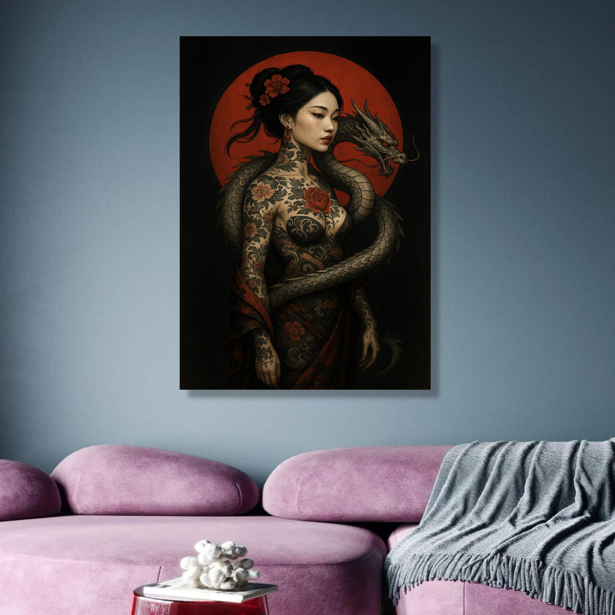 Elegant Asian Woman with Dragon, Tattoo Art Canvas, Floral Body Art Wall Decor, Red Moon Background, wall decoration, canvas print, wall art