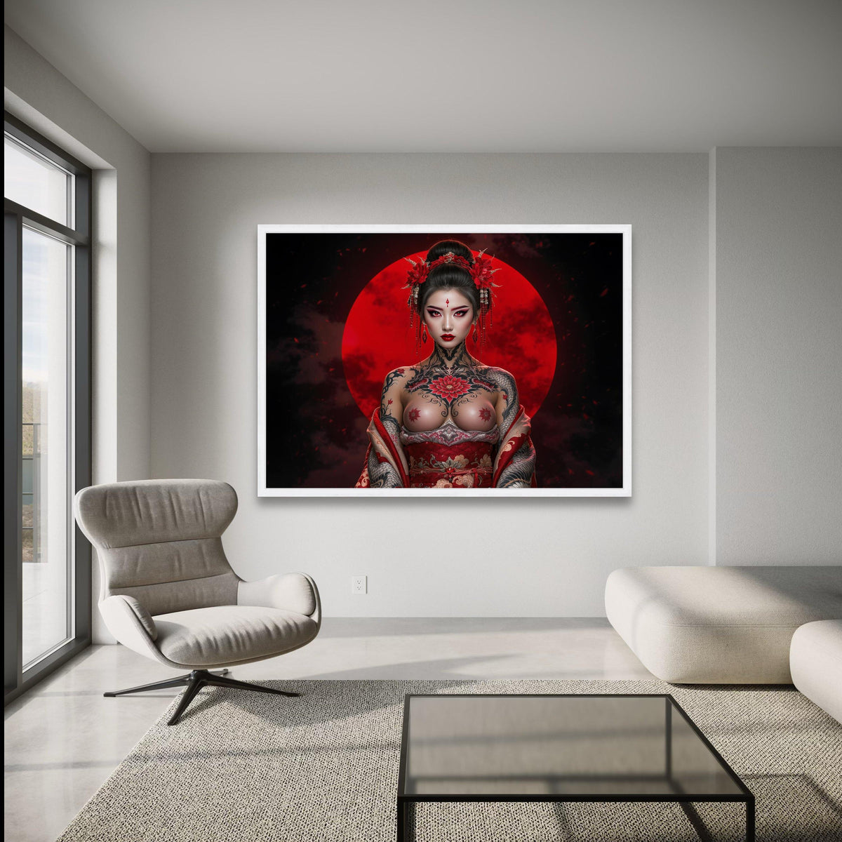 Bold Geisha Warrior Canvas, Red Moon Background, Tattoo Art, Japanese Style Wall Decor, Asian Female wall decoration, canvas print, wall art