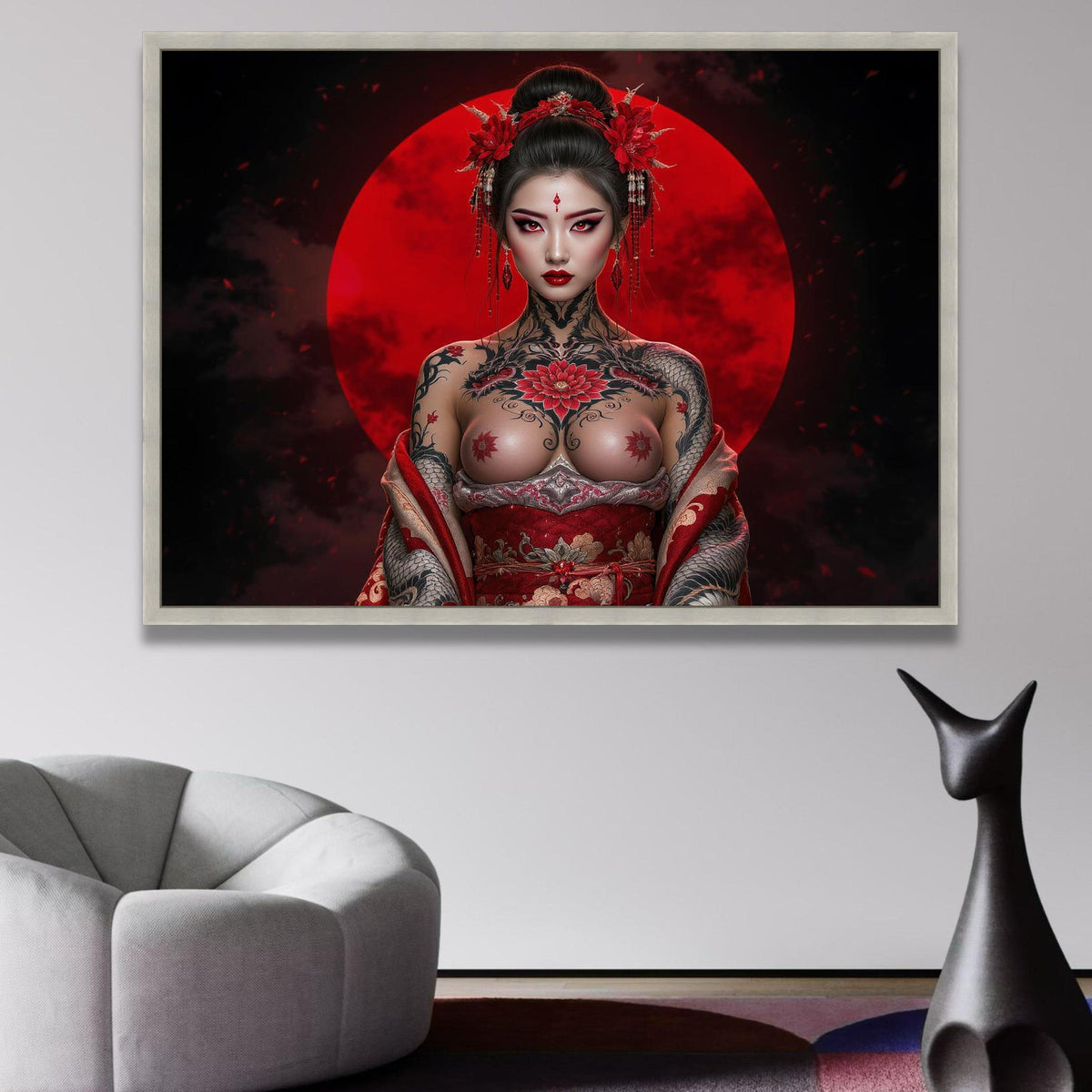 Bold Geisha Warrior Canvas, Red Moon Background, Tattoo Art, Japanese Style Wall Decor, Asian Female wall decoration, canvas print, wall art