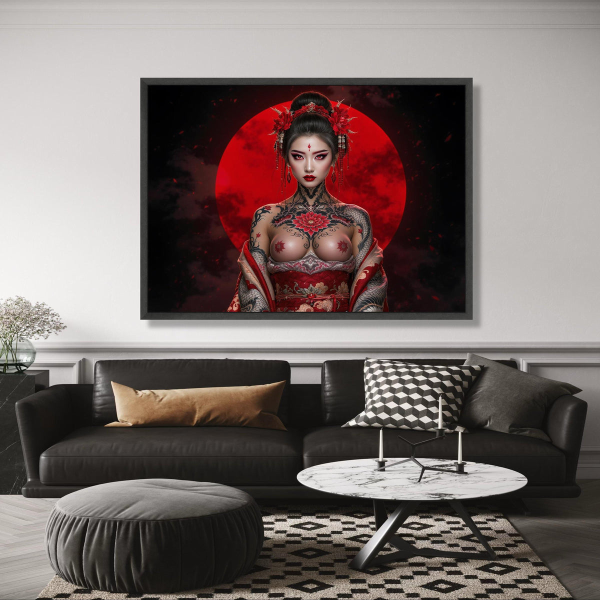 Bold Geisha Warrior Canvas, Red Moon Background, Tattoo Art, Japanese Style Wall Decor, Asian Female wall decoration, canvas print, wall art
