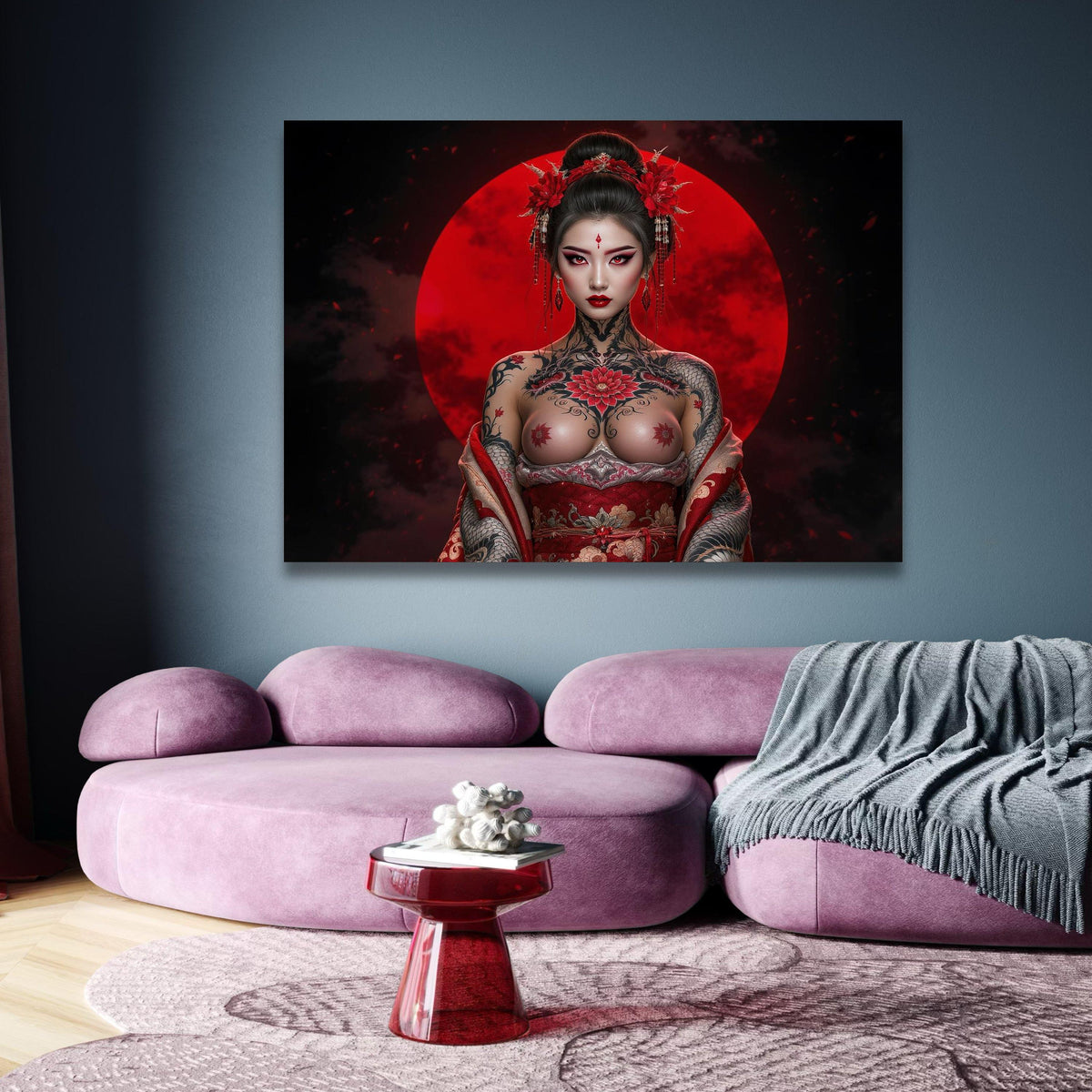 Bold Geisha Warrior Canvas, Red Moon Background, Tattoo Art, Japanese Style Wall Decor, Asian Female wall decoration, canvas print, wall art