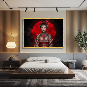 Bold Geisha Warrior Canvas, Red Moon Background, Tattoo Art, Japanese Style Wall Decor, Asian Female wall decoration, canvas print, wall art