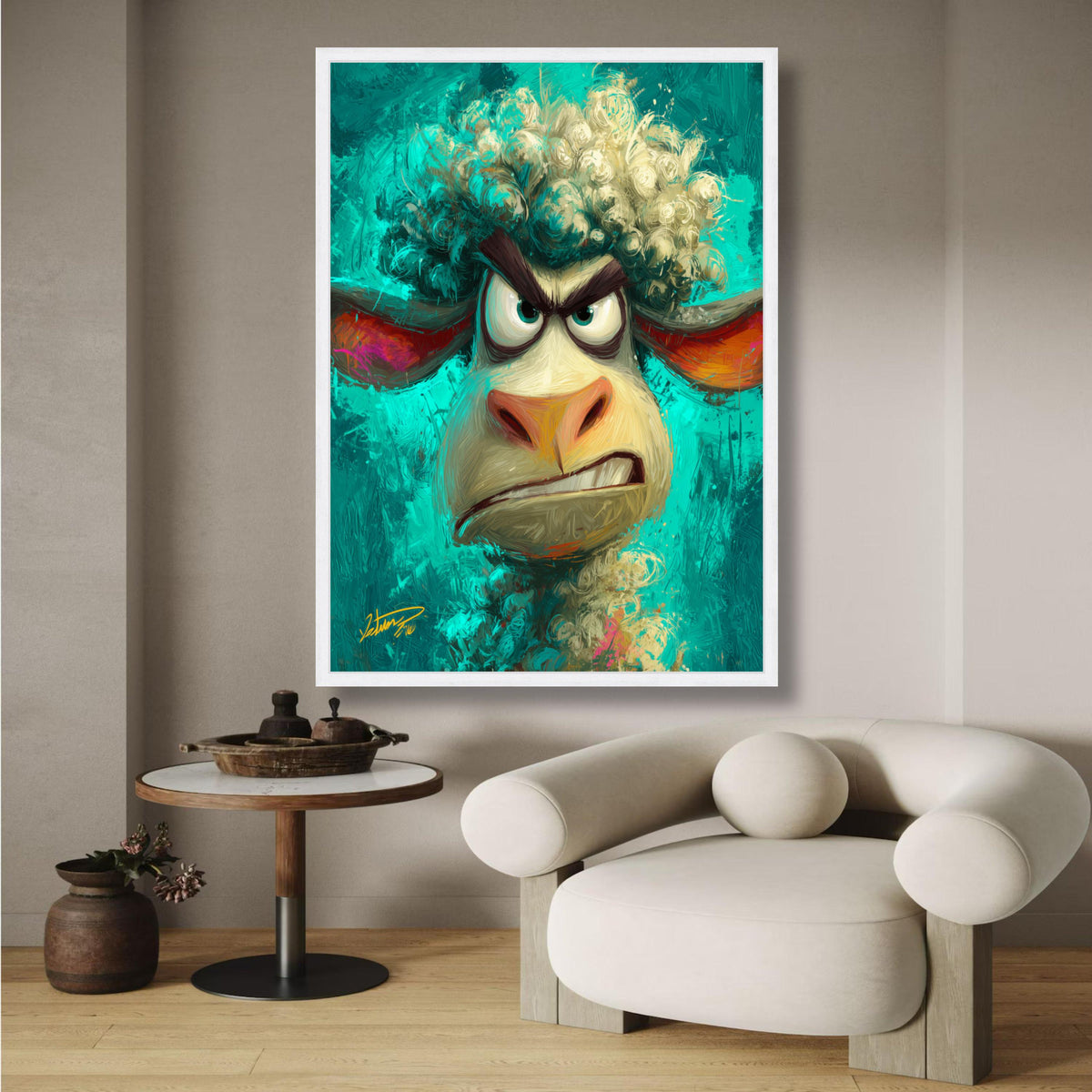 Angry Sheep Portrait Canvas Wall Art, Colorful Animal Face Print, Expressionist Farm Animal Canvas, wall decoration, canvas print, wall art