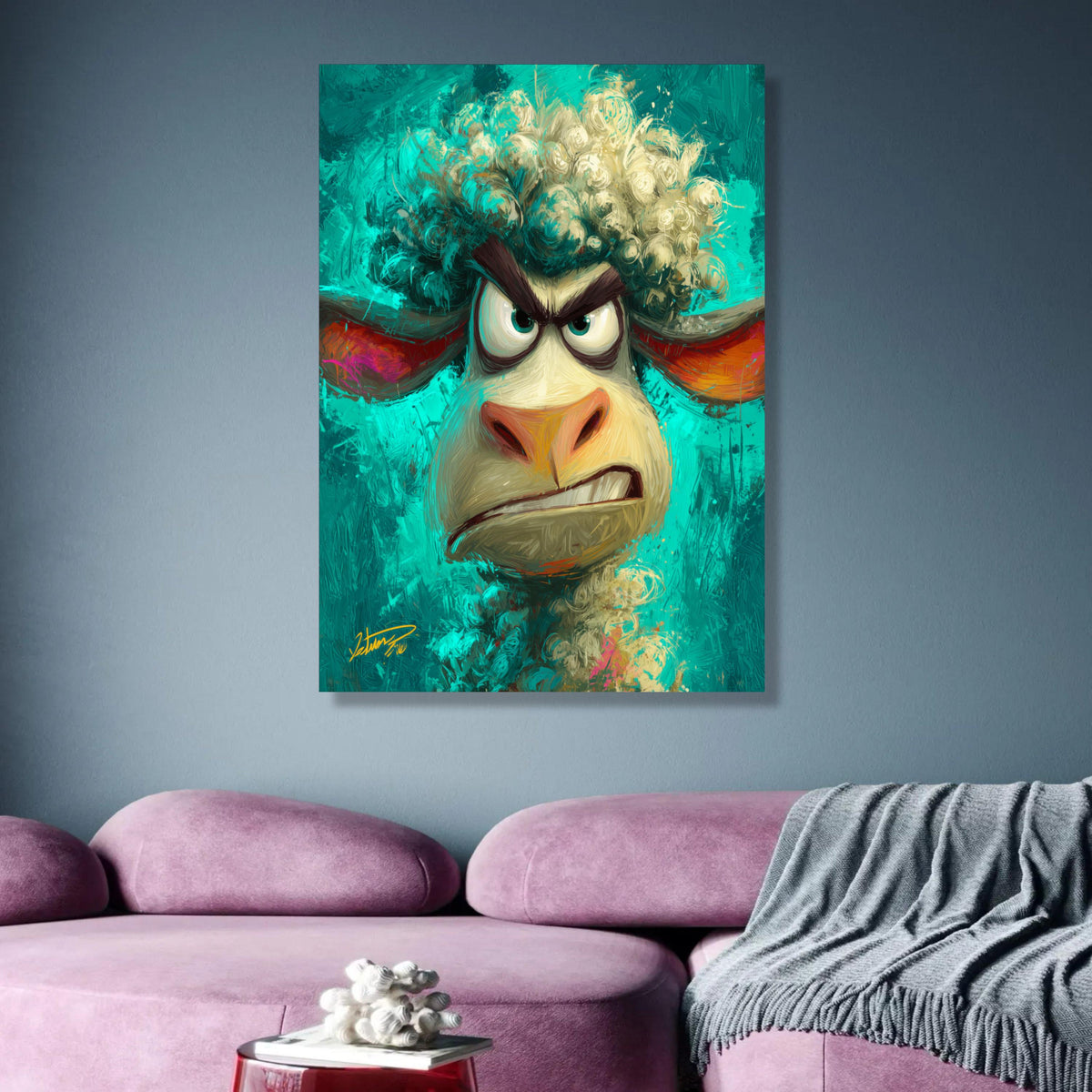 Angry Sheep Portrait Canvas Wall Art, Colorful Animal Face Print, Expressionist Farm Animal Canvas, wall decoration, canvas print, wall art