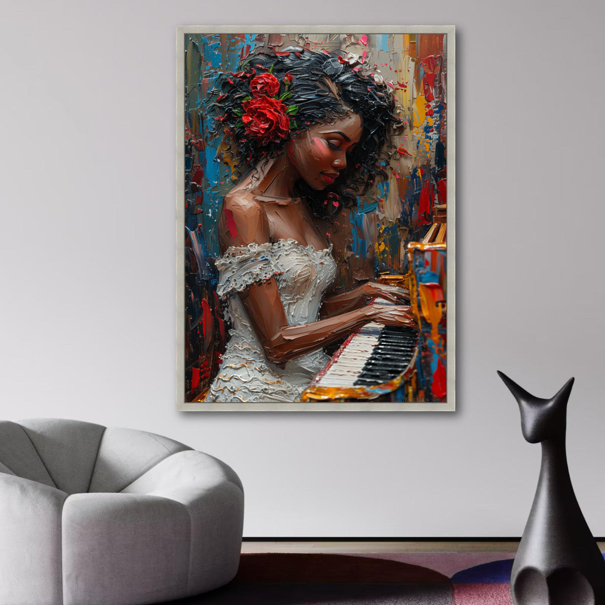 Elegant Woman Playing Piano Canvas, Abstract Portrait Wall Art, Paint Effect, Music Theme Canvas, wall decoration, canvas print, wall art