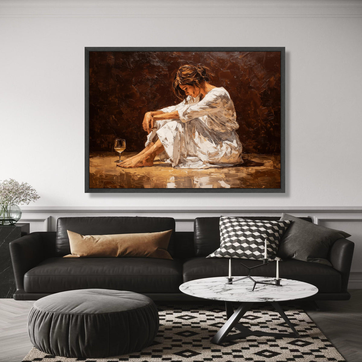 Contemplative Woman Sitting, Wine Glass Still Life Canvas, Modern Figurative Wall Art, Brown wall decoration, canvas print, wall art