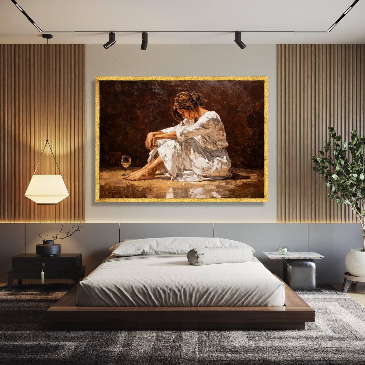 Contemplative Woman Sitting, Wine Glass Still Life Canvas, Modern Figurative Wall Art, Brown wall decoration, canvas print, wall art