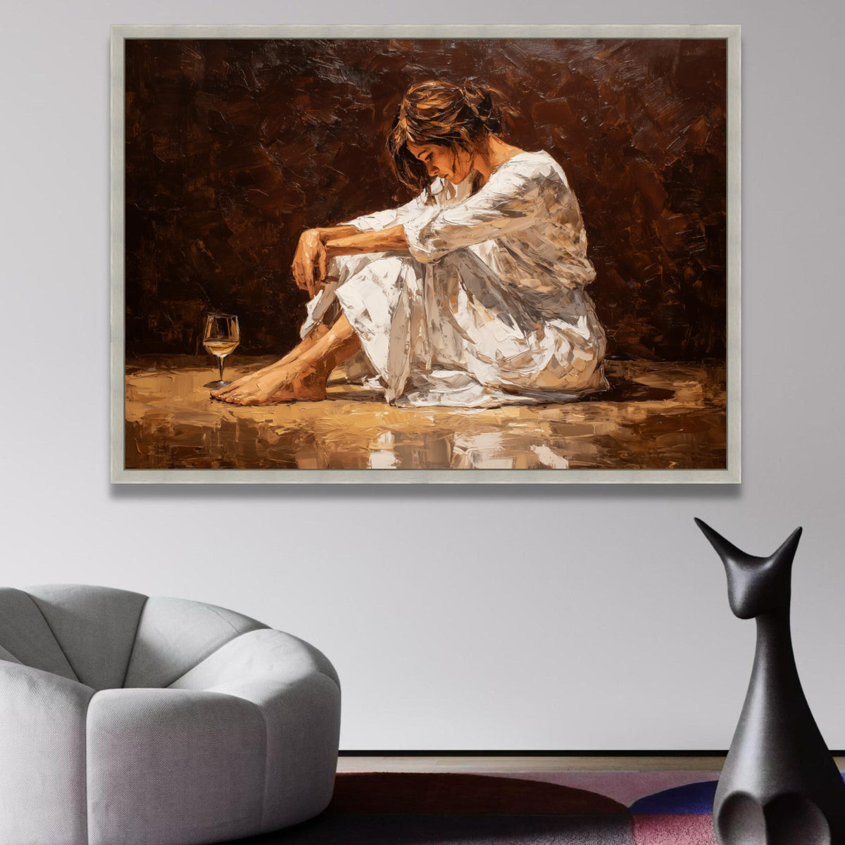 Contemplative Woman Sitting, Wine Glass Still Life Canvas, Modern Figurative Wall Art, Brown wall decoration, canvas print, wall art